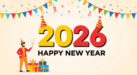 Fototapeta premium A cheerful, cartoonish illustration for the New Year. The main subject is the year 2026