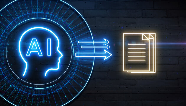AI-Powered Transformation: An evocative digital illustration of AI technology processing data, symbolized by a glowing brain and flowing information,  delivering output documents. - Powered by Adobe