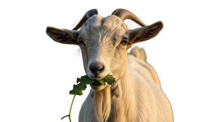Goat eating green leaf isolated on white background closeup.
