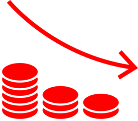 Red coins stacked and decreasing with arrow financial loss on transparent background