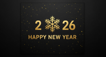 A square graphic design with a black background, centered with gold text and a golden snowflake