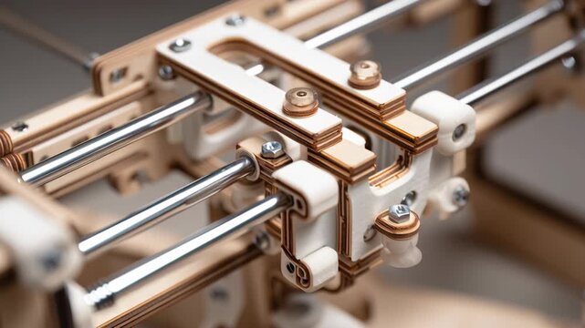 A wooden machine with metal parts and screws. Close-up robotic education kit modular snap fit rail systems, elegant minimal industrial geometry, robotic education kit