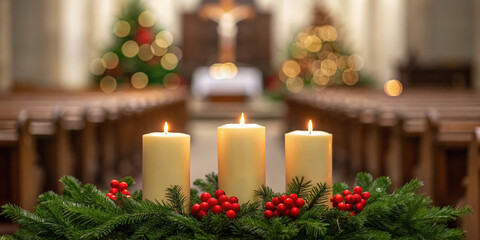 Three lit Christmas candles on a festive advent wreath in a church. Christian holiday decoration with a blurred background. Faith and worship concept