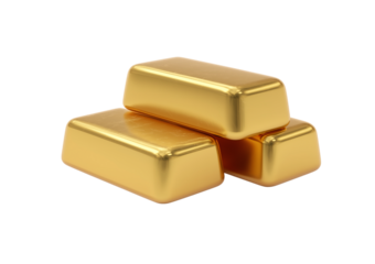 Three polished gold bars stacked in a pyramid formation on a white background isolated on a transparent background