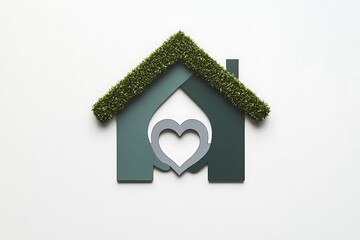 A green house with a heart cutout and grass roof symbolizing eco friendly living and love for sustainable co living spaces and community with social