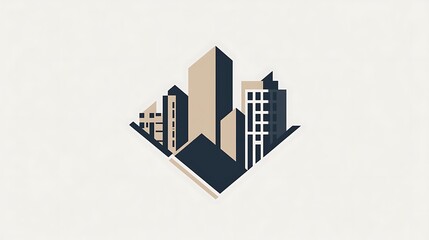 A contemporary cityscape with modern buildings and architecture in a stylized geometric illustration style on a white background with geometric design