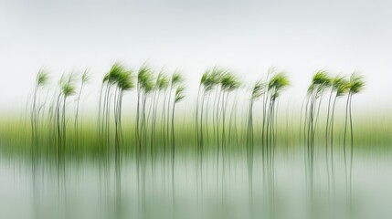 Tall green reeds swaying rhythmically in soft, diffused light with subtle water reflections