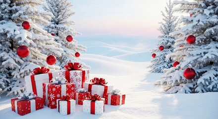 Snowy landscape with snow-covered trees, red ornaments, and red and white gift boxes, symbolizing winter holidays, Christmas, and festive cheer