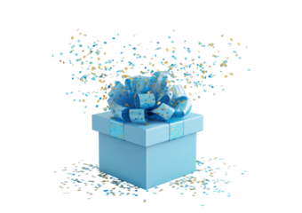 A light blue gift box adorned with a blue ribbon and scattered confetti isolated on a transparent background