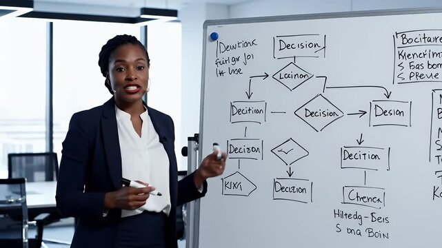 Businesswoman presents a complex decision-making flowchart on a whiteboard during a modern office meeting illustrating strategic planning and problem-solving concepts