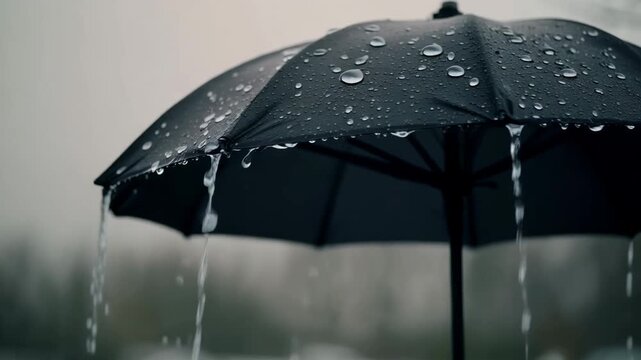 Close-up of black umbrella with raindrops on a gloomy, rainy day outdoors