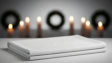 White napkins with candles and wreaths for holiday events and commercial usage and mockups