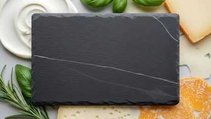 Black slate board with cheese and herbs for holiday events and commercial usage and mockups