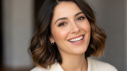 Smiling Woman with Short Brown Hair.