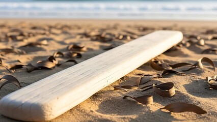 Serene beach scene with wooden board for commercial usage and mockups for future holiday events