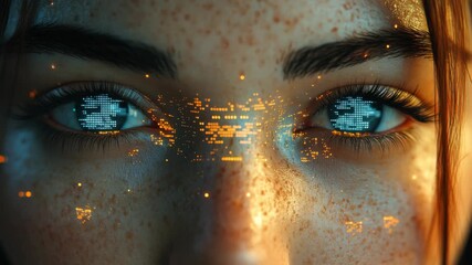 Futuristic close-up of a woman's eyes reflecting digital data. AI, cyborg, surveillance. A digital soul. Ideal for technology concepts, cybersecurity, or sci-fi visuals - Powered by Adobe
