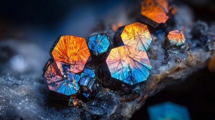 Microscopic view of iridescent crystalline nanostructures with vibrant orange, blue, and yellow facets.