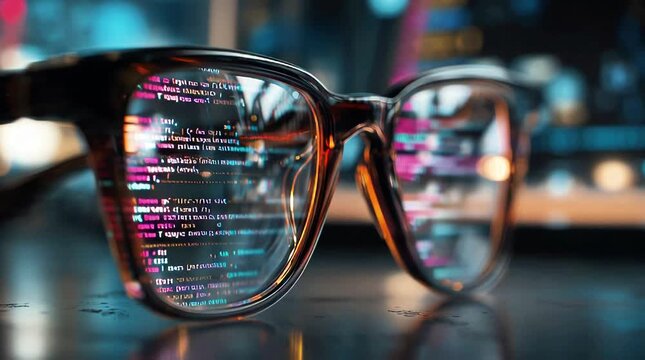 Futuristic Glasses Reflecting Code Cyber Security Data Technology Innovation Digital Transformation Cybersecurity Network Programming Software Development Coding Programming Glasses Tech