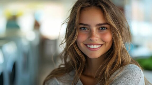 Happy young woman with a beautiful smile in a modern laundromat. Authentic joy in everyday life. Ideal for detergent ads or relatable lifestyle brand storytelling.