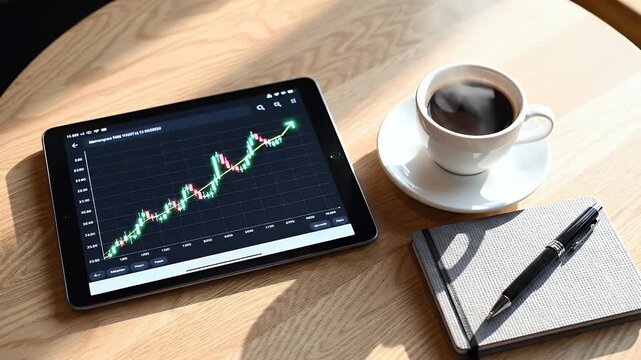 Modern workspace setup featuring a tablet displaying a financial stock market chart alongside coffee and stationery on a wooden table ideal for business concepts