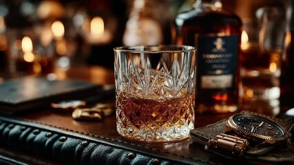 Luxurious still life of whiskey and a watch. Elegance. Status. Quality. Ideal for advertising premium spirits, watches, or a successful men's lifestyle