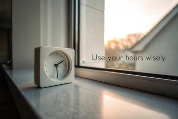 Minimalist Desk Clock Beside Window Reflects Inspirational Quote Light