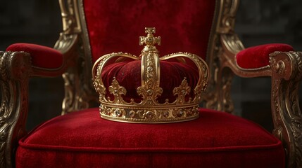 Majestic golden crown with gemstones placed on a royal throne, captured in cinematic lighting with rich textures and shallow depth of field.