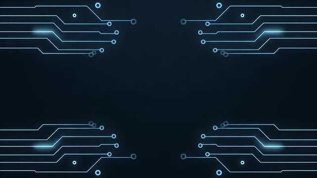 Futuristic circuit board design with glowing blue lines and nodes on a dark background