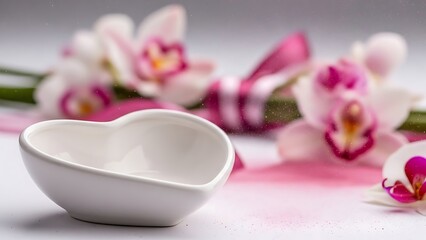 White heart shaped bowl with orchids for valentine's day gift ideas for commercial usage and mockups. the images are targeted for future holiday events