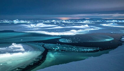 Frozen Lake Ice Formations Under Dramatic Twilight Sky.