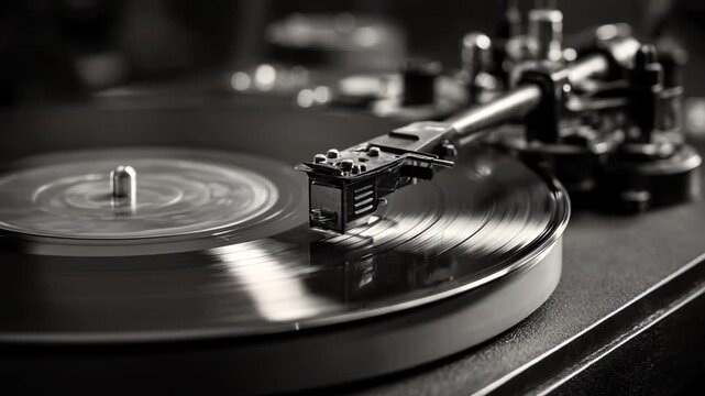Medium shot of a mono vinyl lathe in action capturing the steady carving of a singlechannel audio groove on a blank record disc with visible mechanical components.