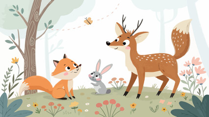 Friendly forest animals playing together in a sunny meadow