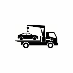Fototapeta premium Black silhouette of a tow truck with a crane mechanism carrying a disabled car on its flatbed, symbolizing vehicle recovery and roadside assistance.