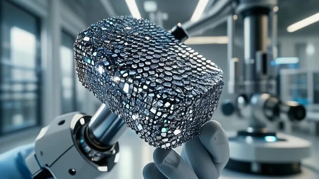 Medical-grade metallic mesh implant on robotic hand in laboratory setting