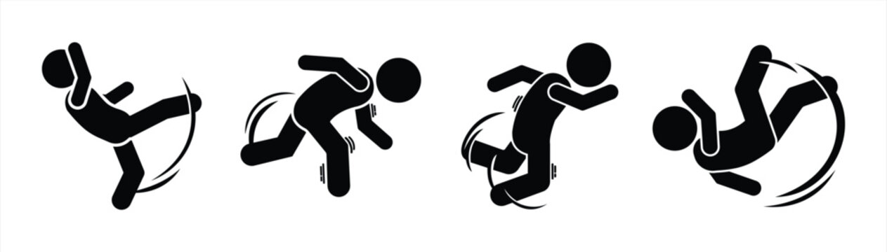 Slip and Fall Accident Pictogram Set Showing Human Falling Motion in Black Silhouette