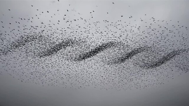 A huge flock of starlings performs a mesmerizing murmuration, forming intricate, synchronized patterns against a grey sky. A stunning natural phenomenon of collective animal behavior.