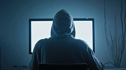 Hooded streamer facing bright monitor prelive broadcast setup in small studio, camera and mic ready, chat and followers visible offscreen, mood lighting, content creation focus, latenight streaming