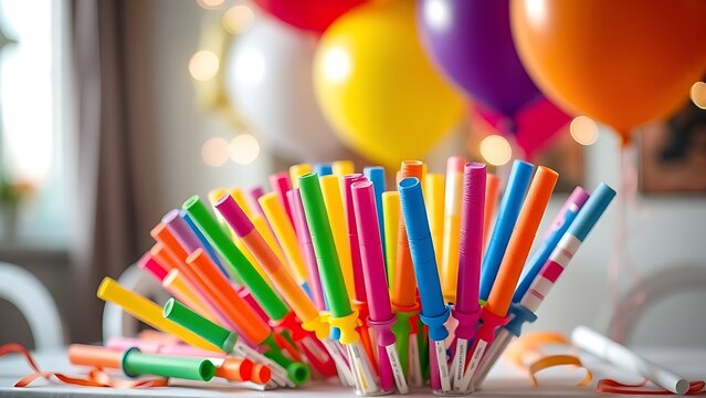libertarian. Colorful party blowers and balloons on a table, festive celebration with soft lighting. lifestyle magazines.