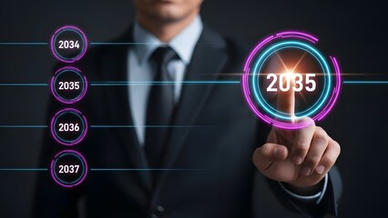Fototapeta premium businessminteracts with holographic interface, selecting the year 2035 for future planning and foresight.