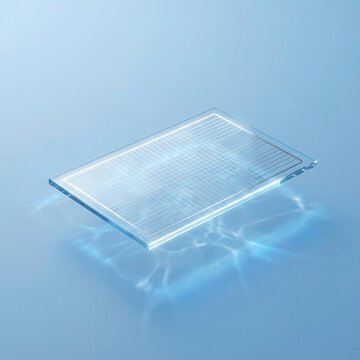 Abstract digital circuit pattern on a transparent glass surface with water reflections
