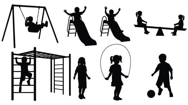 Children enjoying playground fun with swings slides and games silhouette