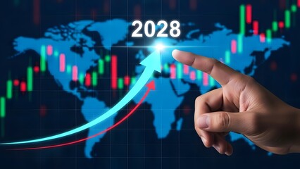 hand points to soaring blue arrow over world map with stock market charts, highlighting 2028.