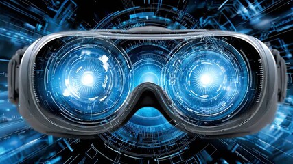 A close-up image of advanced virtual reality goggles against a futuristic digital background, representing innovation in immersive technology and the evolution of user experiences.