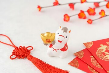 Celebrating the year of the ox with traditional decorations isolated on white background
