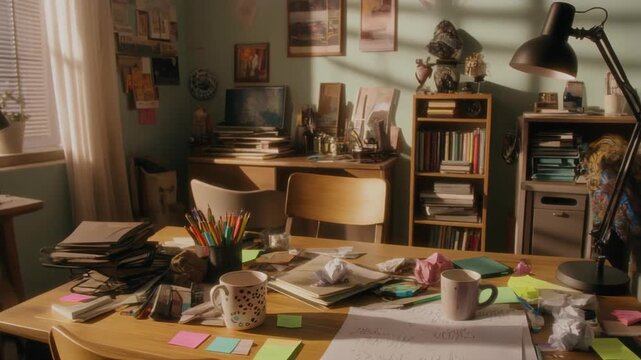 Messy workspace table cluttered with sticky notes mugs papers and pencils in a home office