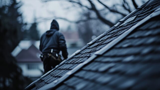 Roofer inspecting a house roof on an overcast day.