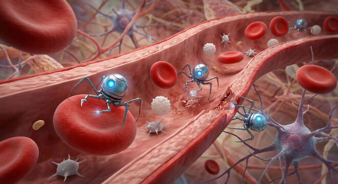 Futuristic nanobots traversing a human bloodstream among red and white blood cells for medical applications,nanomedecine ans nanotherapy concept