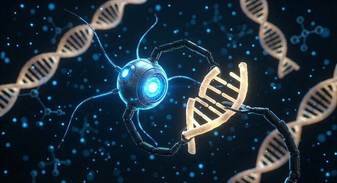 Nanobot manipulating a DNA double helix structure in a glowing scientific environment. - Powered by Adobe