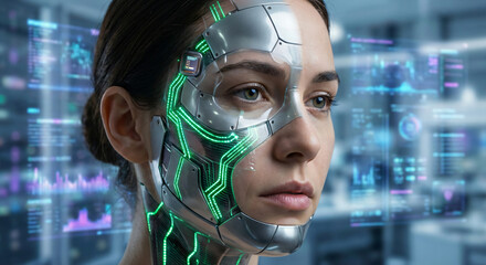 A woman's face with a futuristic cyborg implant featuring glowing green circuits and holographic data displays in the background,transhumanism concept