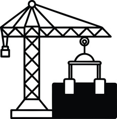 Construction site tools with crane and toolbox silhouette illustration